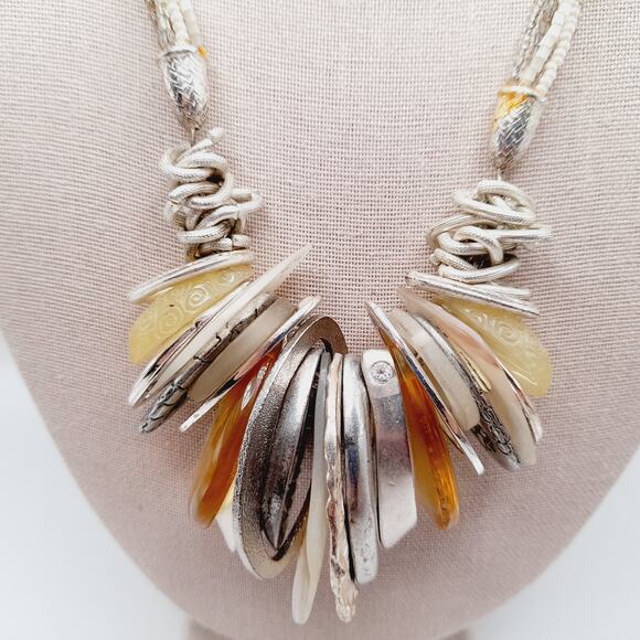 Chico’s Mixed Metal Lucite Shell Glass Charm Statement Necklace 24” - Picture 6 of 9